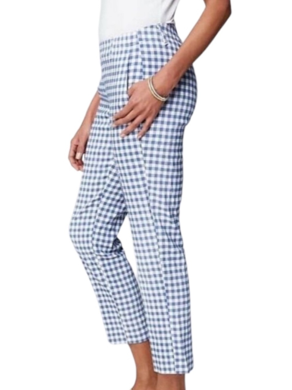 NEW J. Jill Linen Stretch Slim-Leg Pants Blue Gingham Plaid Size Large NWT